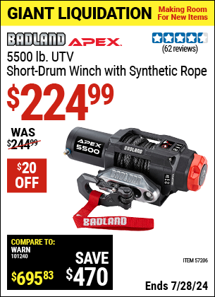 Buy the BADLAND APEX 5500 lb. UTV Short Drum Winch with Synthetic Rope (Item 57206) for $224.99, valid through 7/28/2024.