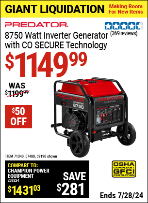 Buy the PREDATOR 8750 Watt Inverter Generator With CO SECURE (Item 57480/71340/59190) for $1149.99, valid through 7/28/2024.