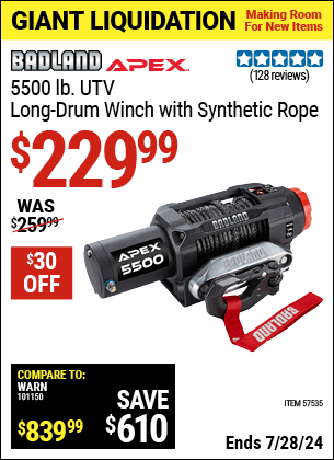 Buy the BADLAND APEX 5500 lb. UTV Long Drum Winch with Synthetic Rope (Item 57535) for $229.99, valid through 7/28/2024.