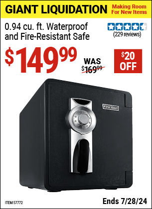 Buy the FIRST ALERT 0.94 Cu. ft. Waterproof And Fire Resistant Safe (Item 57772) for $149.99, valid through 7/28/2024.