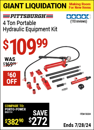 Buy the PITTSBURGH 4 Ton Portable Hydraulic Equipment Kit (Item 58204) for $109.99, valid through 7/28/2024.