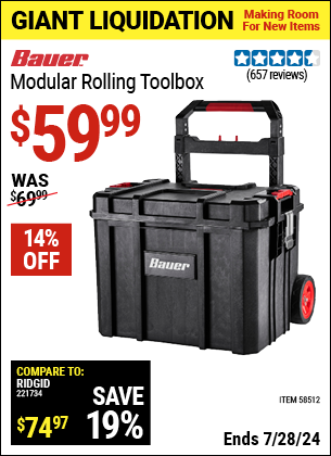 Buy the BAUER Modular Rolling Tool Box (Item 58512) for $59.99, valid through 7/28/2024.