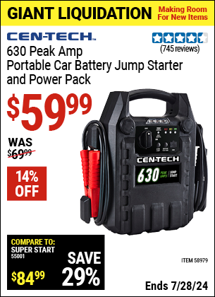 Buy the CEN-TECH 630 Peak Amp Portable Jump Starter and Power Pack (Item 58979) for $59.99, valid through 7/28/2024.