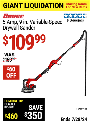 Buy the BAUER 5 Amp 9 in. Variable Speed Drywall Sander (Item 59166) for $109.99, valid through 7/28/2024.