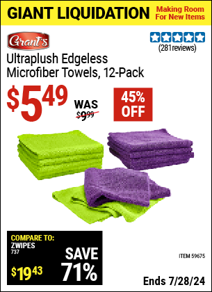 Buy the GRANT'S Ultra-Plush Edgeless Microfiber Towels, 12-Pack (Item 59675) for $5.49, valid through 7/28/2024.