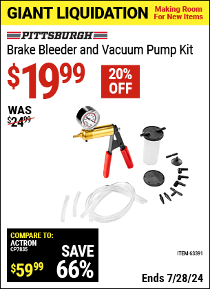 Buy the PITTSBURGH AUTOMOTIVE Brake Bleeder and Vacuum Pump Kit (Item 63391) for $19.99, valid through 7/28/2024.