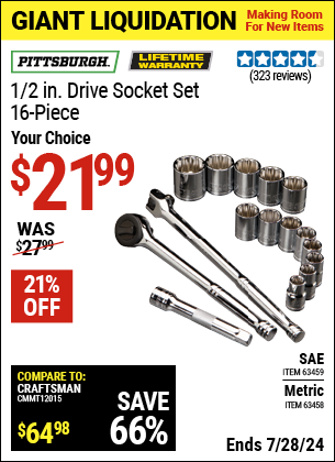 Buy the PITTSBURGH 16 Pc 1/2 in. Drive Metric Socket Set (Item 63458/63459) for $21.99, valid through 7/28/2024.