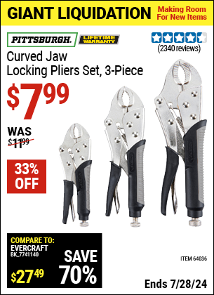 Buy the PITTSBURGH Curved Jaw Locking Pliers Set (Item 64036) for $7.99, valid through 7/28/2024.