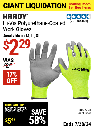 Buy the HARDY Touchscreen Hi-Vis Polyurethane Coated Work Gloves Large (Item 64242/64243/64474) for $2.29, valid through 7/28/2024.
