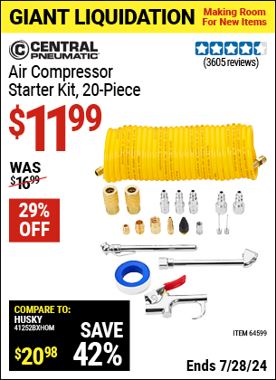 Buy the CENTRAL PNEUMATIC Air Compressor Starter Kit 20 Pc. (Item 64599) for $11.99, valid through 7/28/2024.