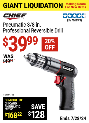 Buy the CHIEF 3/8 in. Professional Reversible Air Drill (Item 64752) for $39.99, valid through 7/28/2024.