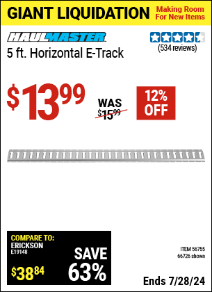 Buy the HAUL-MASTER 5 ft. Horizontal E-Track (Item 66726) for $13.99, valid through 7/28/2024.