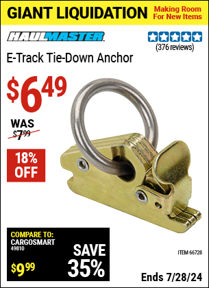 Buy the HAUL-MASTER E-Track Ring (Item 66728) for $6.49, valid through 7/28/2024.