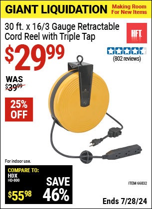 Buy the HFT 30 ft. Retractable Cord Reel with Triple Tap (Item 66832) for $29.99, valid through 7/28/2024.