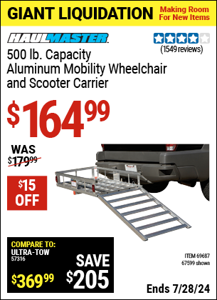 Buy the HAUL-MASTER 500 lb. Capacity Aluminum Mobility Wheelchair and Scooter Carrier (Item 67599/69687) for $164.99, valid through 7/28/2024.