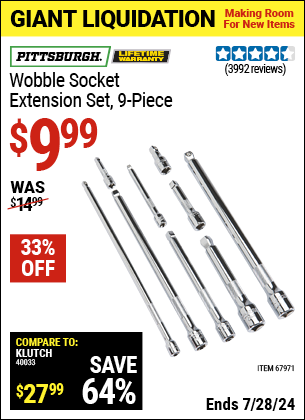 Buy the PITTSBURGH Wobble Socket Extension Set, 9 Pc. (Item 67971) for $9.99, valid through 7/28/2024.