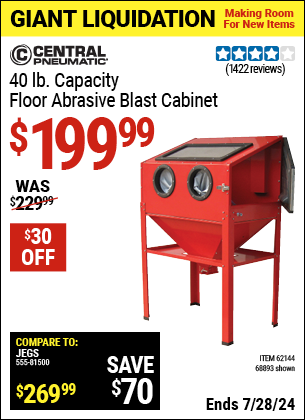Buy the CENTRAL PNEUMATIC 40 lb. Capacity Floor Blast Cabinet (Item 68893/62144) for $199.99, valid through 7/28/2024.