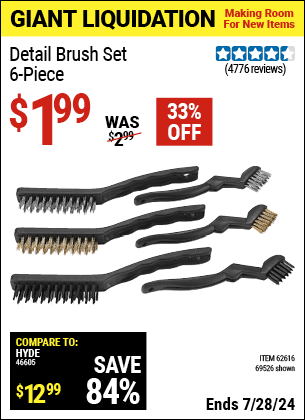 Buy the Detail Brush Set 6 Pc. (Item 69526/62616) for $1.99, valid through 7/28/2024.