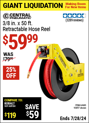 Buy the CENTRAL PNEUMATIC 3/8 in. X 50 ft. Retractable Hose Reel (Item 93897/64685) for $59.99, valid through 7/28/2024.