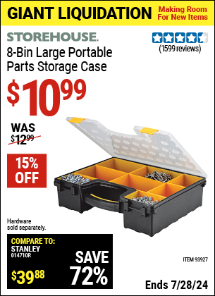 Buy the STOREHOUSE 8 Bin Large Portable Parts Storage Case (Item 93927) for $10.99, valid through 7/28/2024.