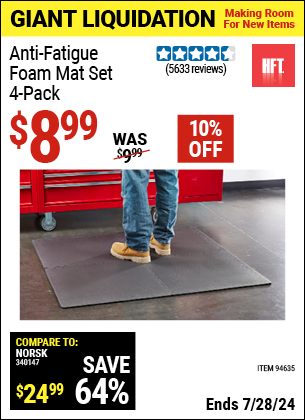 Buy the HFT Anti-Fatigue Foam Mat Set 4 Pc. (Item 94635) for $8.99, valid through 7/28/2024.