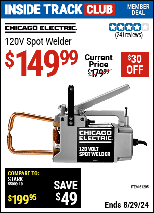 Inside Track Club members can buy the CHICAGO ELECTRIC 120V Spot Welder (Item 61205) for $149.99, valid through 8/29/2024.