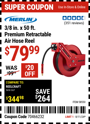 Buy the MERLIN 3/8 in. x 50 ft. Premium Retractable Air Hose Reel (Item 58550) for $79.99, valid through 8/11/2024.