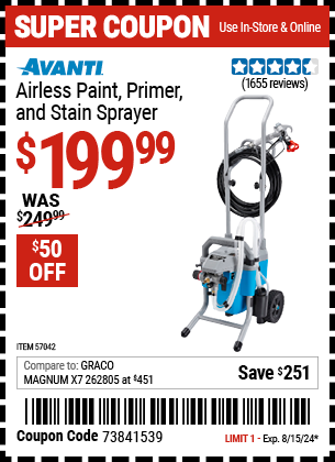 Buy the AVANTI Airless Paint, Primer, and Stain Sprayer (Item 57042) for $199.99, valid through 8/15/2024.