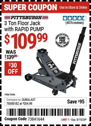 Buy the PITTSBURGH 3 Ton Floor Jack with RAPID PUMP, Slate Gray (Item 70486) for $109.99, valid through 8/15/2024.