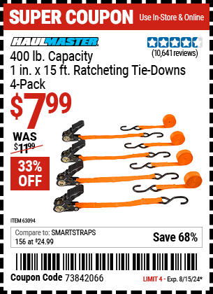 Buy the HAUL-MASTER 400 lb. Capacity, 1 in. x 15 ft. Ratcheting Tie Downs, 4-Pack (Item 63094) for $7.99, valid through 8/15/2024.