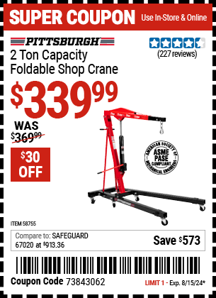 Buy the PITTSBURGH 2 Ton Capacity Foldable Shop Crane (Item 58755) for $339.99, valid through 8/15/2024.