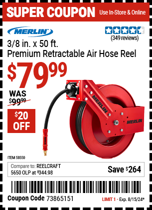 Buy the MERLIN 3/8 in. x 50 ft. Premium Retractable Air Hose Reel (Item 58550) for $79.99, valid through 8/15/2024.