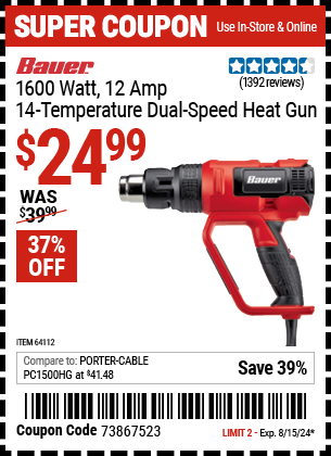 Buy the BAUER 14 Temperature Dual Fan Speed Heat Gun (Item 64112) for $24.99, valid through 8/15/2024.