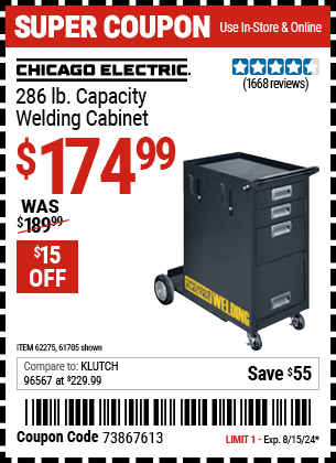 Buy the CHICAGO ELECTRIC Welding Cabinet (Item 61705/62275) for $174.99, valid through 8/15/2024.