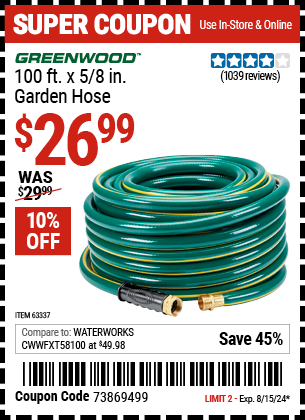 Buy the GREENWOOD 5/8 in. x 100 ft. Heavy Duty Garden Hose (Item 63337) for $26.99, valid through 8/15/2024.