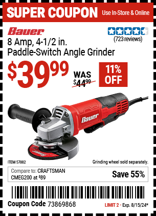 Buy the BAUER Corded 4-1/2 in. 8 Amp Paddle Switch Angle Grinder With Tool-Free Guard (Item 57002) for $39.99, valid through 8/15/2024.