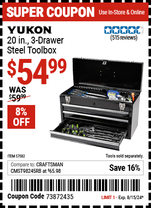 Buy the YUKON 20 in. 3 Drawer Steel Toolbox (Item 57582) for $54.99, valid through 8/15/2024.