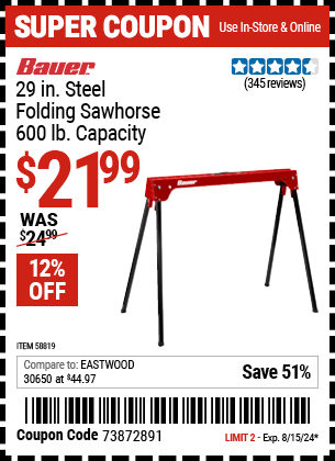 Buy the BAUER 600 lb. Capacity Folding Steel Sawhorse (Item 58819) for $21.99, valid through 8/15/2024.