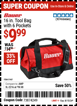 Buy the BAUER 16 in. Tool Bag With 6 Pockets (Item 57487) for $9.99, valid through 8/15/2024.