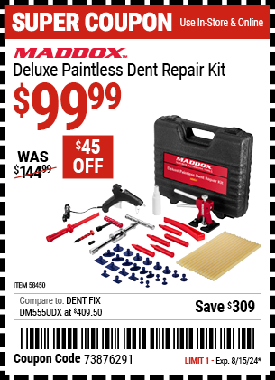 Buy the MADDOX Deluxe Paintless Dent Repair Kit (Item 58450) for $99.99, valid through 8/15/2024.