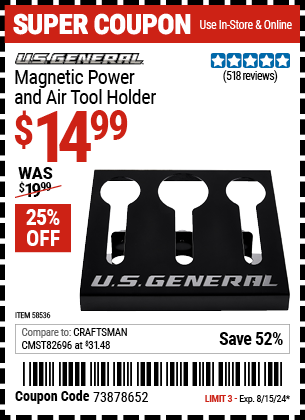 Buy the U.S. GENERAL Magnetic Power and Air Tool Holder (Item 58536) for $14.99, valid through 8/15/2024.