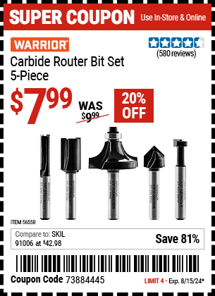 Buy the WARRIOR Carbide Router Bit Set, 5 Piece (Item 56550) for $7.99, valid through 8/15/2024.