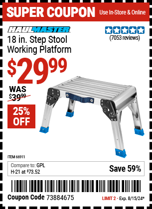 Buy the HAUL-MASTER 18 in. Working Platform Step Stool (Item 66911) for $29.99, valid through 8/15/2024.