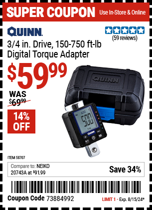 Buy the QUINN 3/4 in. Drive Digital Torque Adapter (Item 58707) for $59.99, valid through 8/15/2024.