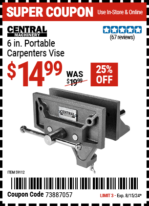 Buy the CENTRAL MACHINERY 6 in. Portable Carpenters Vise (Item 59112) for $14.99, valid through 8/15/2024.