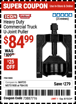 Buy the ICON Professional Truck U-Joint Puller (Item 58800) for $84.99, valid through 8/15/2024.