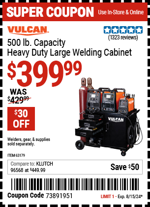 Buy the VULCAN Heavy Duty Large Welding Cabinet (Item 63179) for $399.99, valid through 8/15/2024.