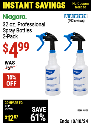 Buy the NIAGARA 32 oz. Professional Spray Bottle, 2 Pk. (Item 58153) for $4.99, valid through 10/10/2024.