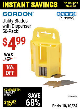 Buy the GORDON Utility Blades with Dispenser 50 Pk. (Item 60574) for $4.99, valid through 10/10/2024.