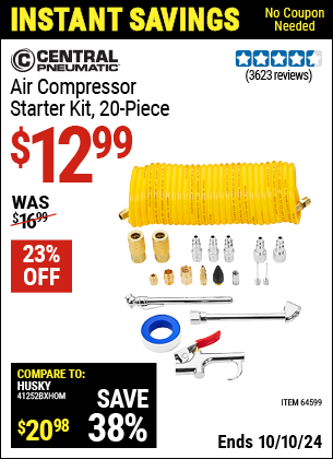 Buy the CENTRAL PNEUMATIC Air Compressor Starter Kit 20 Pc. (Item 64599) for $12.99, valid through 10/10/2024.